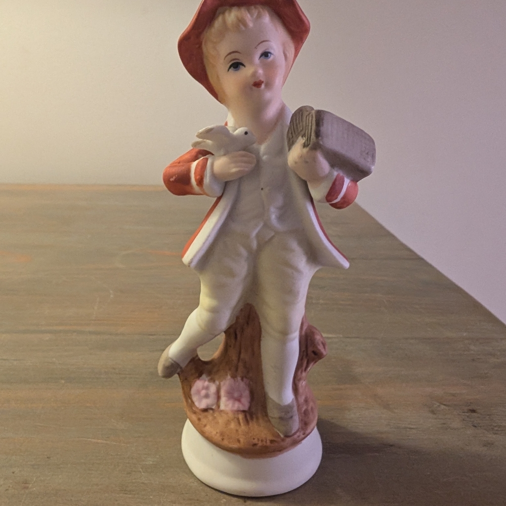 Vintage Porcelain Figurine Little Boy 20th Century Germany 5.5" Carrying Cage
